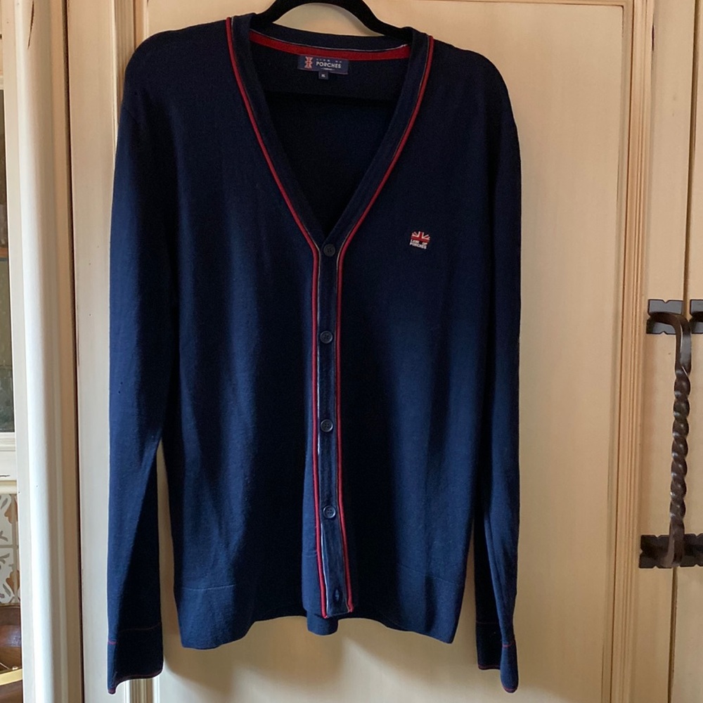 Mens Wool (soft) Cardigan navy with red trim
